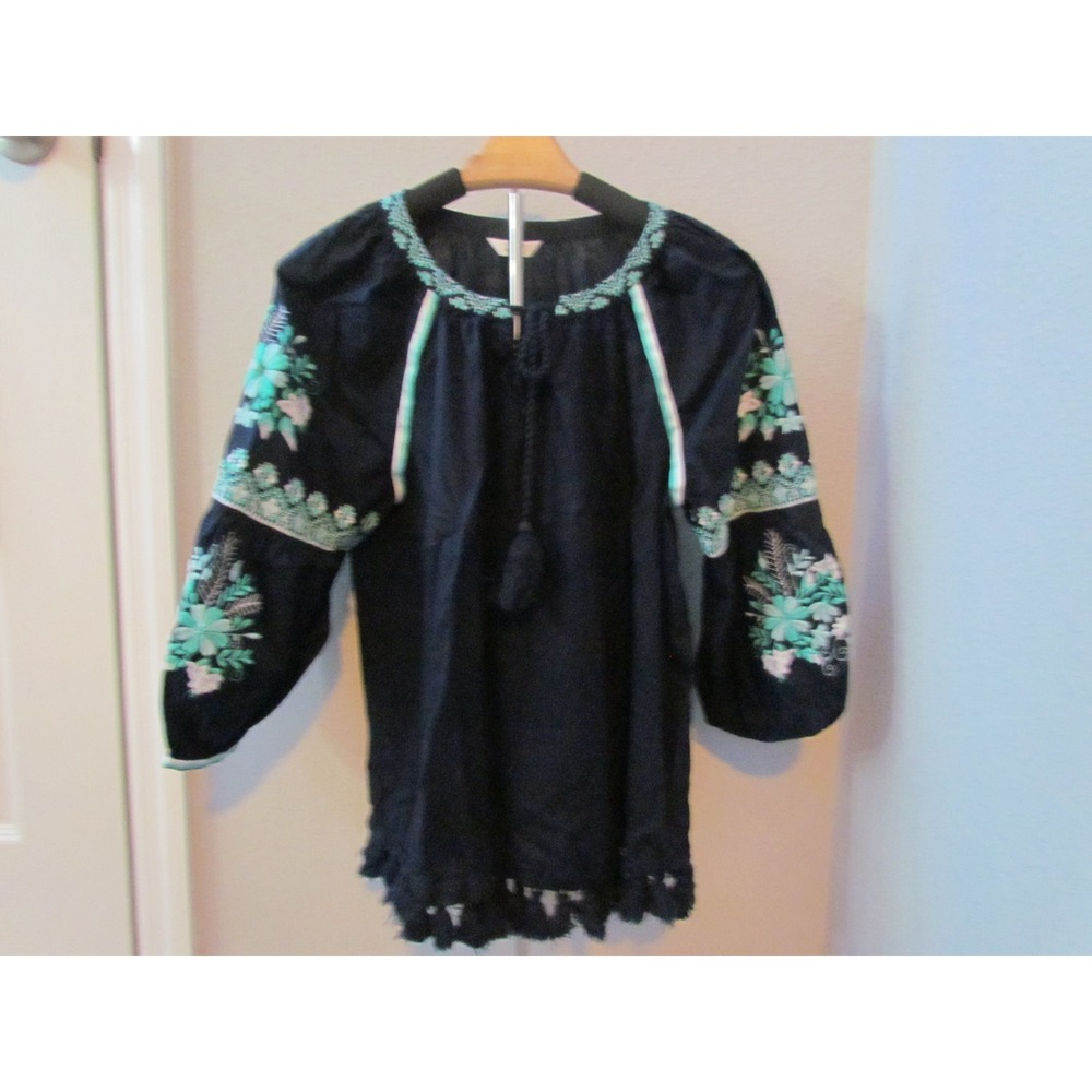 Crown & Ivy Peasant Top Small Black Embroidered Tassel Boho Floral Blouse